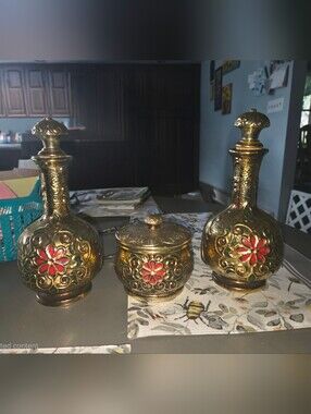 Mid Century Japanese Champleve Brass Dresser Set Red Floral Enamel Bottles & Jar